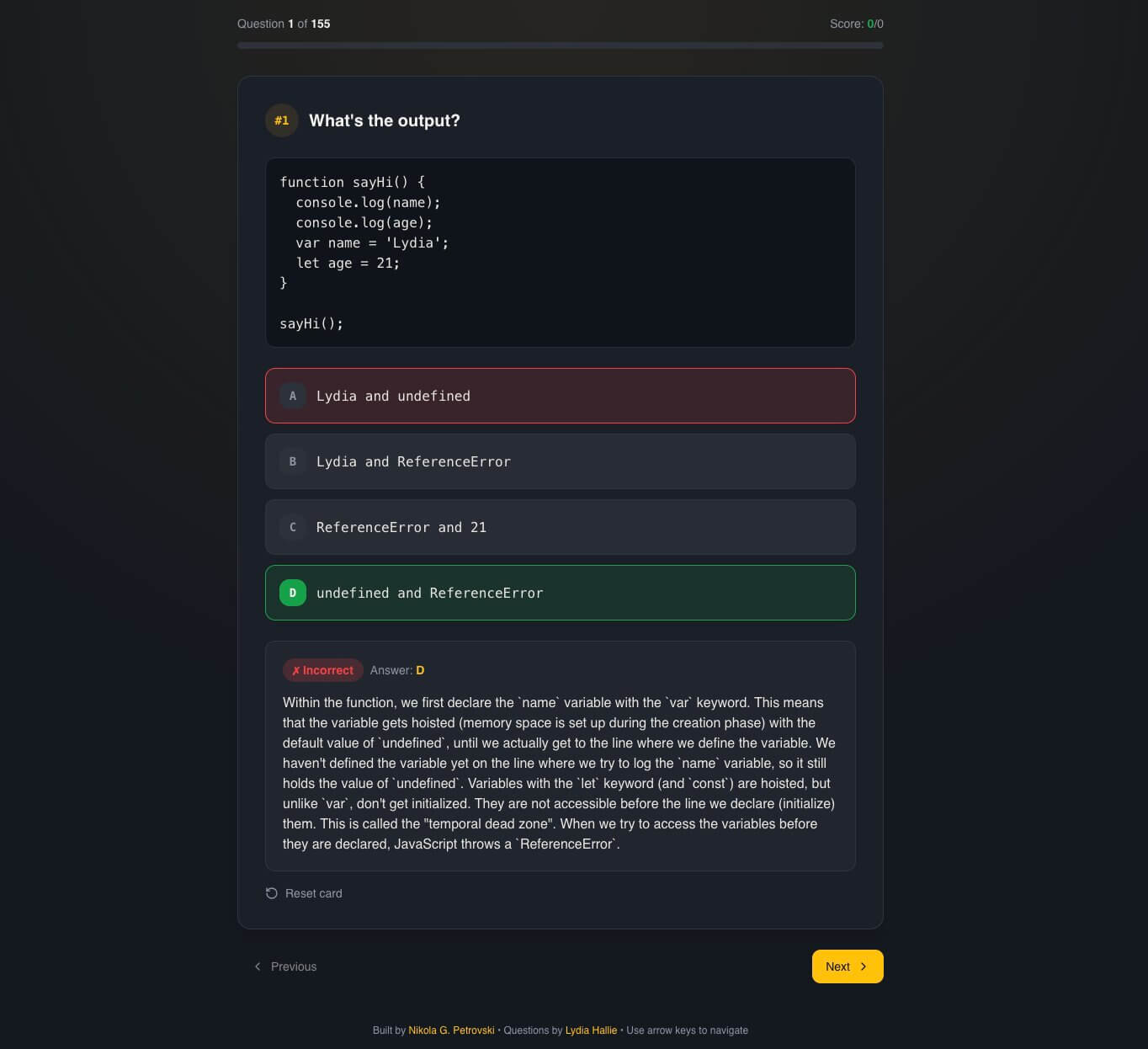 JavaScript quiz app dark mode UI